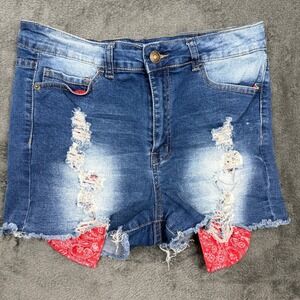 Distressed‎ Denim Shorts Red Bandana Accents Juniors Size 11/30 Blue